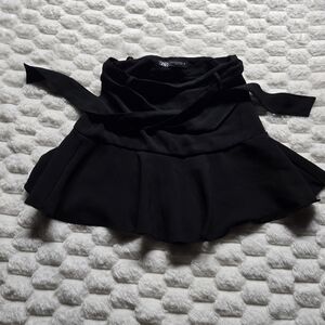 Zara Black Mini Skirt Skort With Black Satin Tie Belt Size Xs
